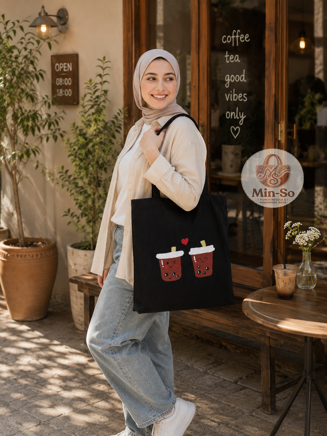 Min-So black handmade tote with a playful bubble tea design