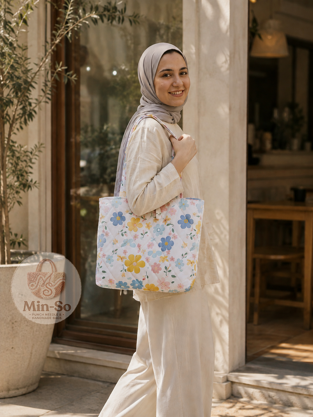 Min-So handmade floral tote bag in soft pastel colours