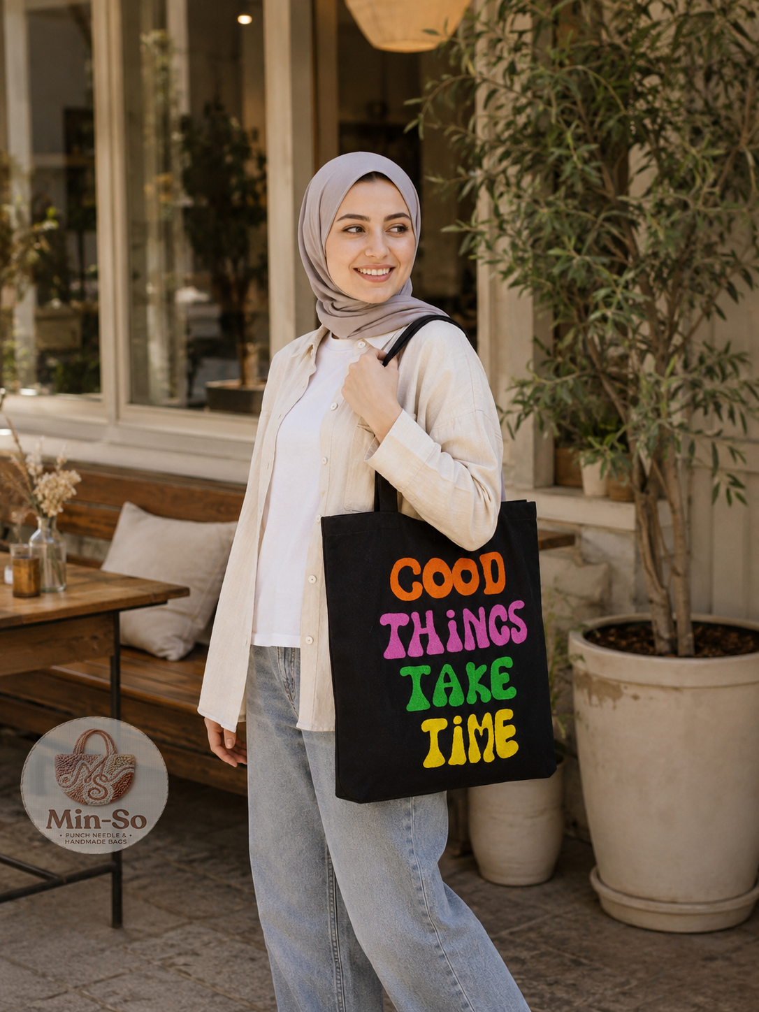 Min-So black handmade tote with colourful Good Things Take Time lettering